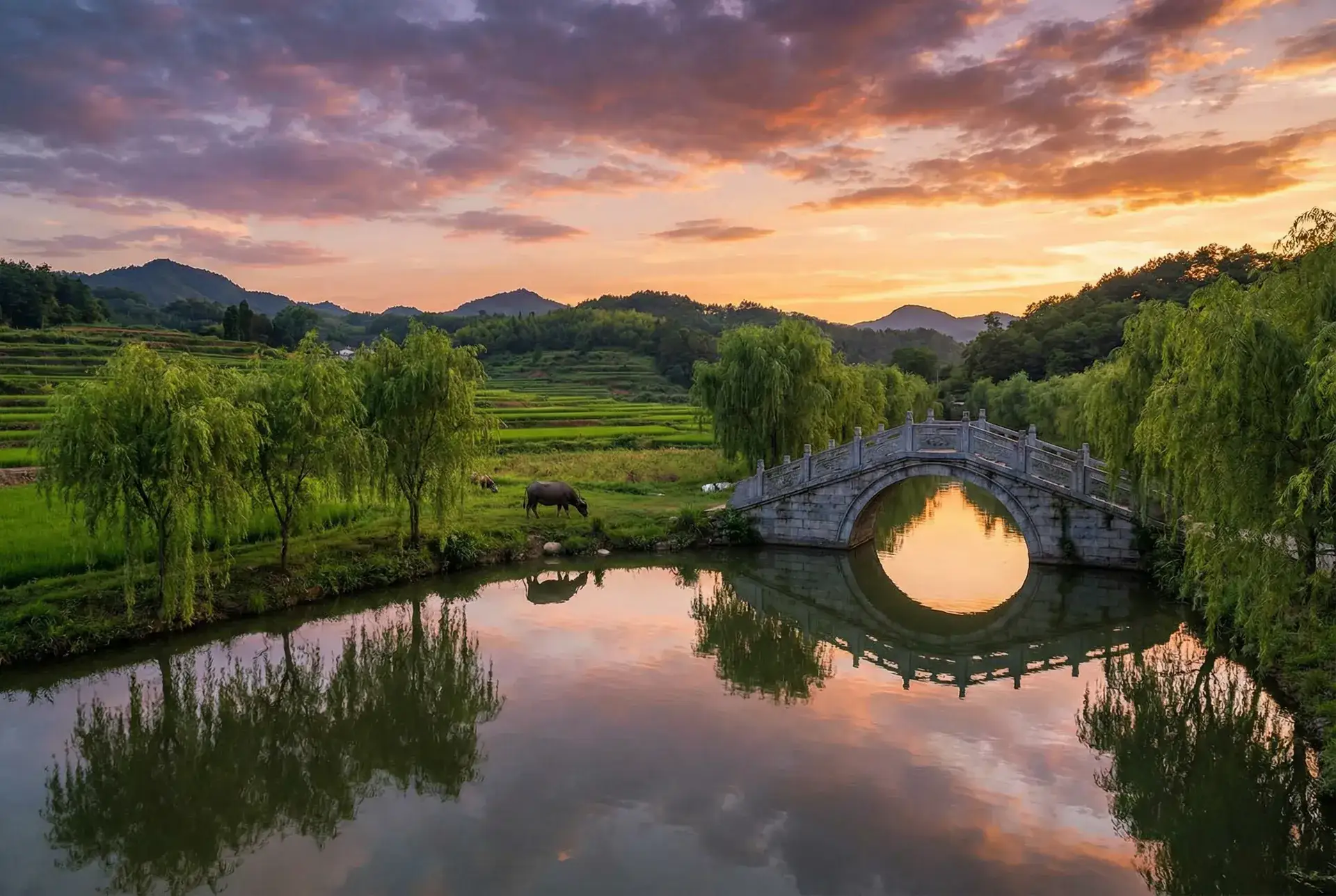 夕阳下的石拱桥与垂柳，水牛在河边吃草 - bt下载 乡村美景